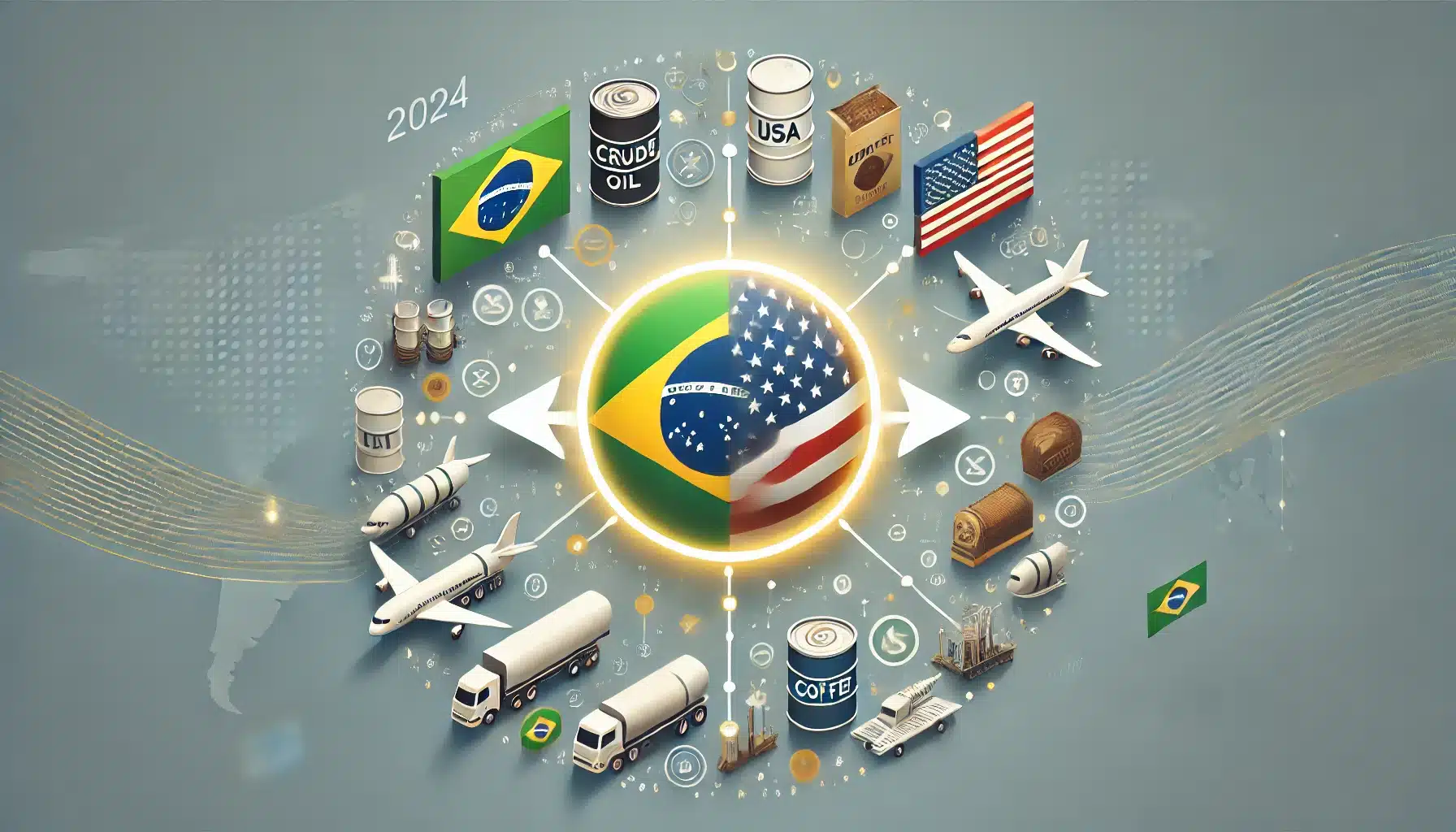 Exportações Recordes para os EUA Impulsionam Economia Brasileira 2 DALL·E 2025 01 21 15.40.47 A clean and modern cover image representing Brazils record exports to the United States in 2024. The design features the flags of Brazil and the Unit