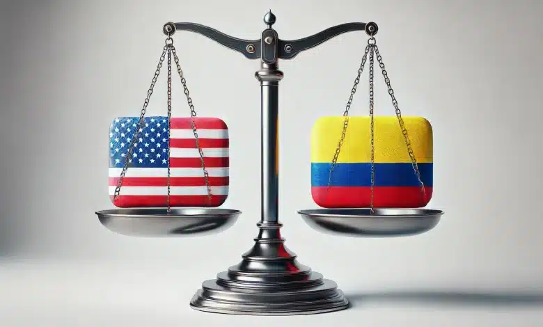 DALLE 2025 01 28 14.12.52 A realistic and clean digital illustration of two balance scales with equal sized pans placed on a white background. On one pan the flag of the Unit