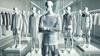 Tecnologia na moda como solução para reduzir o calor 8 DALL·E 2025 01 21 14.37.38 A sleek and futuristic depiction of models showcasing advanced thermal comfort fabrics. The models wear high tech outfits in minimalist white tones f