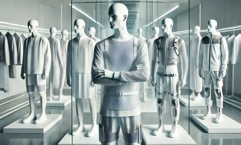 Tecnologia na moda como solução para reduzir o calor 1 DALL·E 2025 01 21 14.37.38 A sleek and futuristic depiction of models showcasing advanced thermal comfort fabrics. The models wear high tech outfits in minimalist white tones f