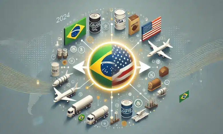 Exportações Recordes para os EUA Impulsionam Economia Brasileira 1 DALL·E 2025 01 21 15.40.47 A clean and modern cover image representing Brazils record exports to the United States in 2024. The design features the flags of Brazil and the Unit