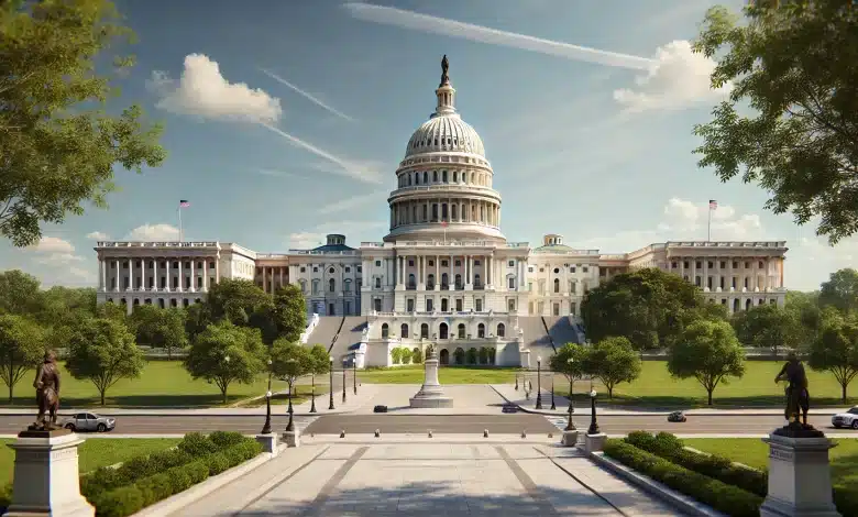 Trump Reitera Combate à Imigração Ilegal e Promete Era de Ouro 1 DALL·E 2025 01 21 16.24.23 A highly realistic depiction of the United States Capitol building on a sunny day. The image captures the iconic white dome and classical architecture