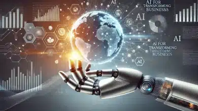 Como Líderes Usam IA para Transformar Negócios 8 DALL·E 2025 01 21 17.03.31 A high quality visually striking concept representing AI for Transforming Businesses. The image features a futuristic robotic hand gently interacti