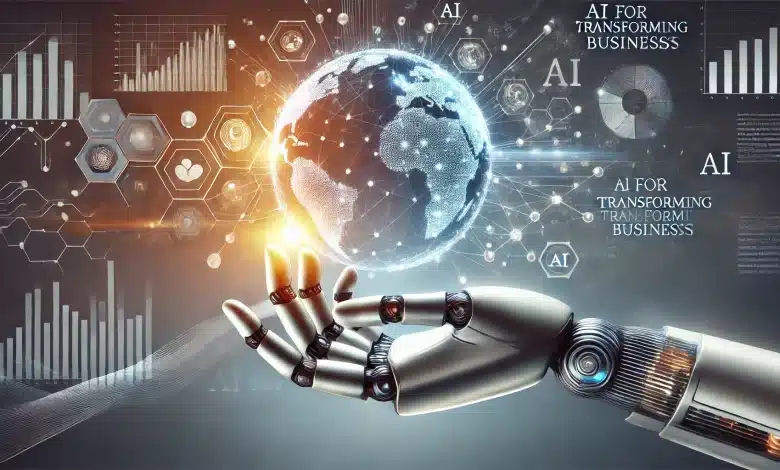Como Líderes Usam IA para Transformar Negócios 1 DALL·E 2025 01 21 17.03.31 A high quality visually striking concept representing AI for Transforming Businesses. The image features a futuristic robotic hand gently interacti