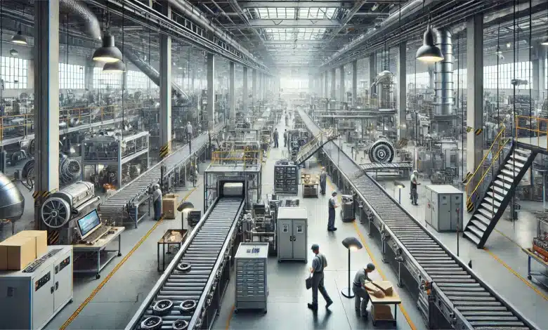 DALL·E 2025 01 21 17.41.54 A realistic and detailed depiction of Industrial Productivity without any AI elements. The image features a bustling factory floor with workers and
