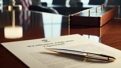 Trump assina ordem para retirada dos EUA do Acordo de Paris 7 DALL·E 2025 01 21 17.53.43 A close up view of a desk in a formal office setting. The scene focuses on a document titled Withdrawal from Paris Agreement placed on a polished wo