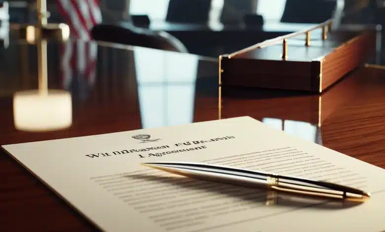 Trump assina ordem para retirada dos EUA do Acordo de Paris 1 DALL·E 2025 01 21 17.53.43 A close up view of a desk in a formal office setting. The scene focuses on a document titled Withdrawal from Paris Agreement placed on a polished wo