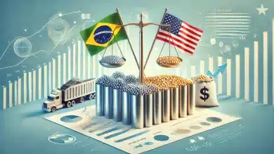Oportunidades para o Brasil no Comércio Internacional com Trump 7 DALL·E 2025 01 22 09.28.30 An abstract illustration representing the impact of international trade focusing on commercial relations between Brazil and the United States. The ce