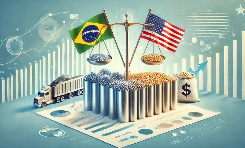 Oportunidades para o Brasil no Comércio Internacional com Trump 1 DALL·E 2025 01 22 09.28.30 An abstract illustration representing the impact of international trade focusing on commercial relations between Brazil and the United States. The ce