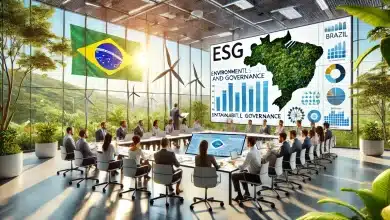 Parceria entre ABNT e Sebrae fortalecerá capacitação ESG no Brasil 7 DALL·E 2025 01 22 13.17.01 A hyper realistic depiction of ESG Environmental Social and Governance training in Brazil. The scene shows a diverse group of professionals in a m