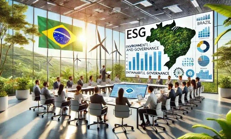 Parceria entre ABNT e Sebrae fortalecerá capacitação ESG no Brasil 1 DALL·E 2025 01 22 13.17.01 A hyper realistic depiction of ESG Environmental Social and Governance training in Brazil. The scene shows a diverse group of professionals in a m