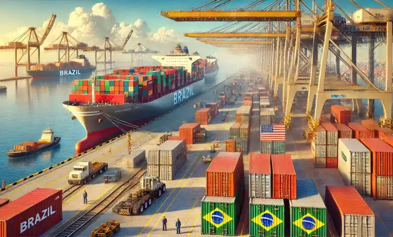 Trump pode impor tarifas de 5% ao Brasil, segundo Moody's 1 DALL·E 2025 01 23 11.17.16 A highly realistic scene of export activities between Brazil and the United States. The image features a bustling port with large cargo ships being lo