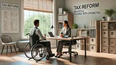 Reforma tributária garante redução das alíquotas para pessoas com deficiência 6 DALL·E 2025 01 23 14.04.47 A hyper realistic scene depicting a tax reform discussion benefiting people with disabilities. The setting is a modern office with neutral tones and n