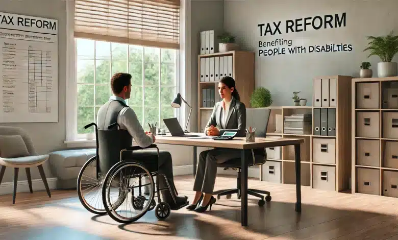 Reforma tributária garante redução das alíquotas para pessoas com deficiência 1 DALL·E 2025 01 23 14.04.47 A hyper realistic scene depicting a tax reform discussion benefiting people with disabilities. The setting is a modern office with neutral tones and n