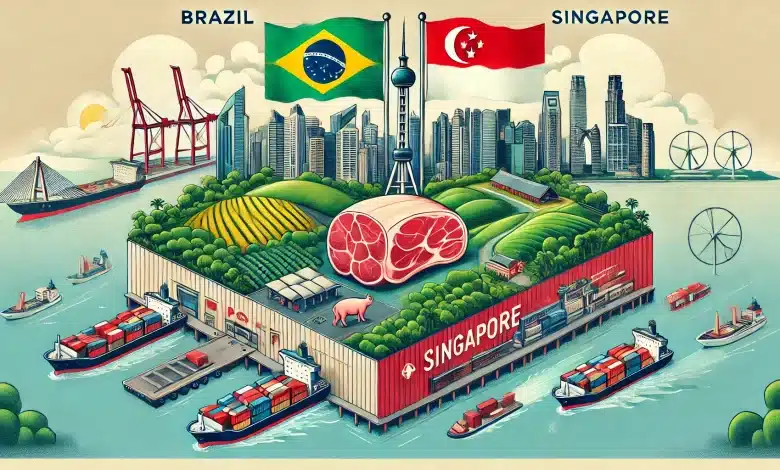 Acordo Brasil-Singapura Assegura Continuidade do Comércio de Carne Suína 1 DALL·E 2025 01 23 16.36.57 A visually captivating illustration representing pork trade between Brazil and Singapore. The image features symbolic elements such as Brazils vibran