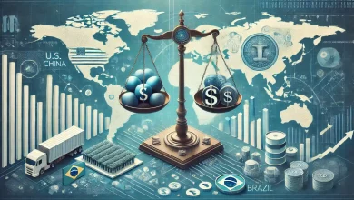 Impacto das Tarifas de Trump sobre a China na Economia Brasileira 2 DALL·E 2025 01 24 09.43.09 A visually compelling conceptual representation of the impact of U.S. tariffs on China on the Brazilian economy. The image shows symbolic elements suc 1