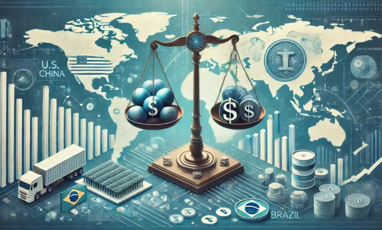 Impacto das Tarifas de Trump sobre a China na Economia Brasileira 1 DALL·E 2025 01 24 09.43.09 A visually compelling conceptual representation of the impact of U.S. tariffs on China on the Brazilian economy. The image shows symbolic elements suc 1