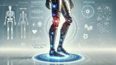 Pesquisadores desenvolvem protótipo de reabilitação AVC 9 DALL·E 2025 01 24 09.51.51 A futuristic representation of technology in locomotive health showcasing a biomechanical human leg with advanced robotic enhancements and integrated 1