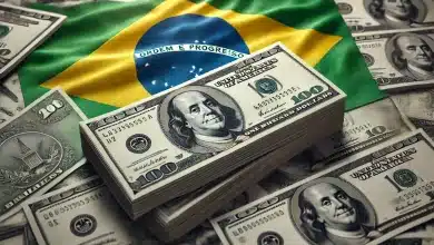 Dólar caiu abaixo de R$ 6: Saiba o Porquê 1 DALL·E 2025 01 24 10.53.04 A realistic composition featuring authentic U.S. dollar bills in a scattered or stacked arrangement combined with the accurate Brazilian flag promine
