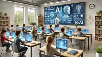 UNESCO Celebra o Dia Internacional da Educação 2025 com Foco na IA 10 DALL·E 2025 01 24 14.54.49 A hyper realistic image of artificial intelligence in education showing a contemporary classroom environment where a teacher uses an advanced AI powe