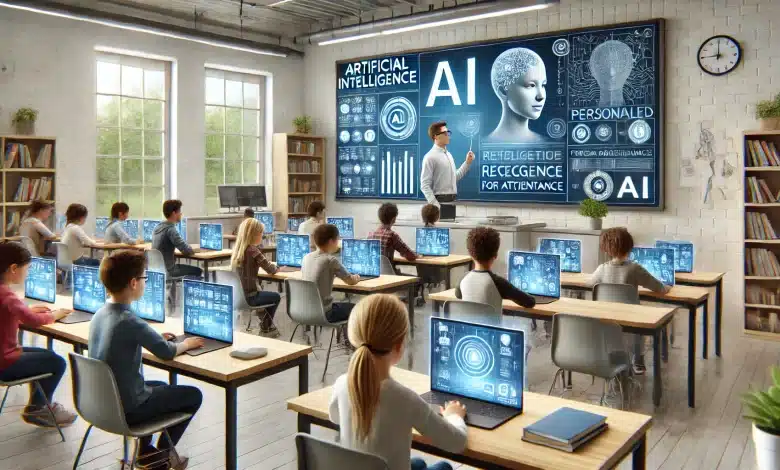UNESCO Celebra o Dia Internacional da Educação 2025 com Foco na IA 1 DALL·E 2025 01 24 14.54.49 A hyper realistic image of artificial intelligence in education showing a contemporary classroom environment where a teacher uses an advanced AI powe
