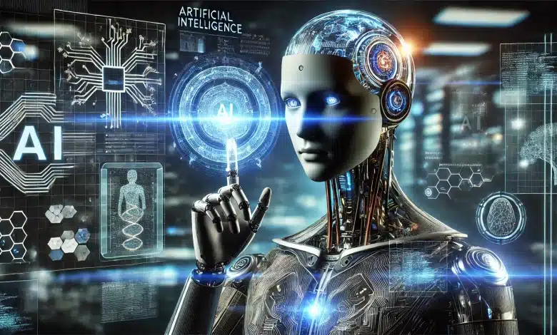 IA Stargate gera embate entre Elon Musk e CEO da OpenAI 1 DALL·E 2025 01 24 16.20.17 A visually striking image representing artificial intelligence. The scene features a futuristic humanoid AI robot with intricate circuitry on its face