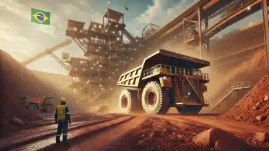 Extração de Urânio no Brasil Está Atraindo Investidores e Parcerias 1 DALL·E 2025 01 28 16.00.19 A highly realistic image of a Brazilian mining site. The scene showcases a massive mining truck moving over reddish dirt terrain kicking up dust as i