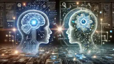 Deepseek no Brasil cresce em popularidade e se torna alternativa ao ChatGPT 1 DALL·E 2025 01 29 11.36.56 A futuristic and highly detailed illustration representing the concepts of DeepSeek and ChatGPT. The image features two advanced AI interfaces represe