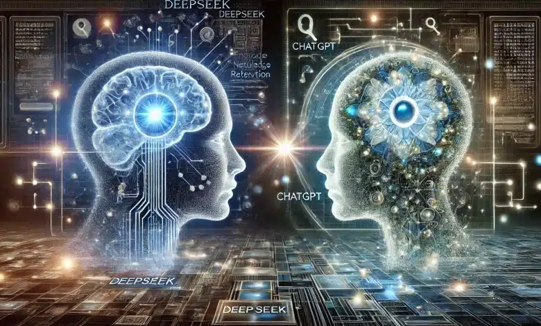 Deepseek no Brasil cresce em popularidade e se torna alternativa ao ChatGPT 1 DALL·E 2025 01 29 11.36.56 A futuristic and highly detailed illustration representing the concepts of DeepSeek and ChatGPT. The image features two advanced AI interfaces represe