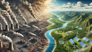 Como China e Biden Podem Contornar os Impactos das Políticas Ambientais de Trump 2 DALL·E 2025 01 29 15.44.43 A photorealistic image illustrating the real world impacts of environmental policies. The scene is divided into two contrasting halves on one side a
