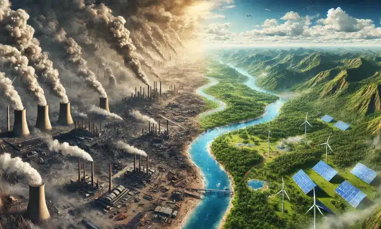 Como China e Biden Podem Contornar os Impactos das Políticas Ambientais de Trump 1 DALL·E 2025 01 29 15.44.43 A photorealistic image illustrating the real world impacts of environmental policies. The scene is divided into two contrasting halves on one side a