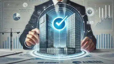 Atualização nas regras de notificação obrigatória de fusões pode mudar 4 DALL·E 2025 01 30 14.58.27 A professional and modern image representing mandatory merger notifications. The scene features two corporate buildings merging into one symbolizing