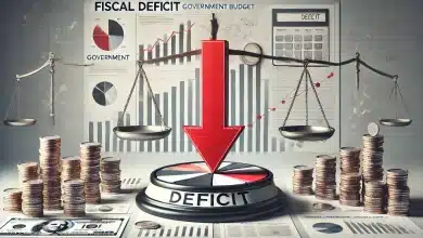 Lula justifica déficit fiscal de 0,1% com gastos emergenciais das enchentes no RS 6 DALL·E 2025 01 30 15.49.49 A professional and modern representation of fiscal deficit. The image features a financial chart with a sharp downward red arrow symbolizing governme