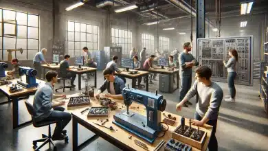 Capacitação Técnica do MEC Fortalece Polos de Inovação 5 DALL·E 2025 01 31 13.37.42 A highly realistic image depicting technical training in a modern workshop or classroom. A diverse group of people is actively engaged in hands on lea