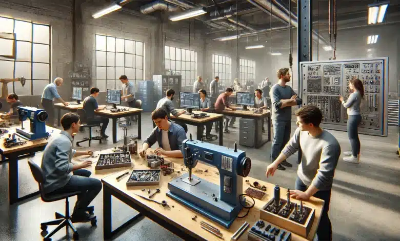 Capacitação Técnica do MEC Fortalece Polos de Inovação 1 DALL·E 2025 01 31 13.37.42 A highly realistic image depicting technical training in a modern workshop or classroom. A diverse group of people is actively engaged in hands on lea