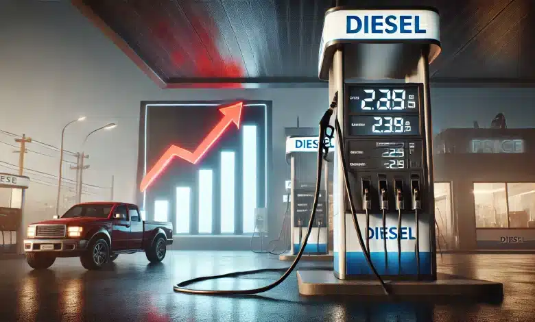 Petrobras Aumenta Diesel em R$ 0,22 e Acende Alerta no Governo 1 DALL·E 2025 01 31 15.20.18 A highly realistic image representing the increase in diesel prices. The scene features a close up of a fuel pump at a gas station displaying a high