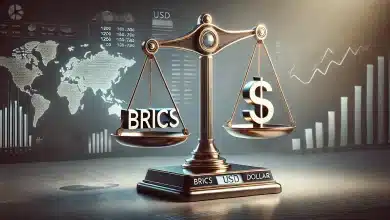 Trump volta a ameaçar Brics com tarifas de 100% sobre o dólar 2 DALL·E 2025 01 31 16.06.12 A highly realistic image representing the economic balance between BRICS and the US dollar. The scene features a sleek modern balance scale symbolizi 1