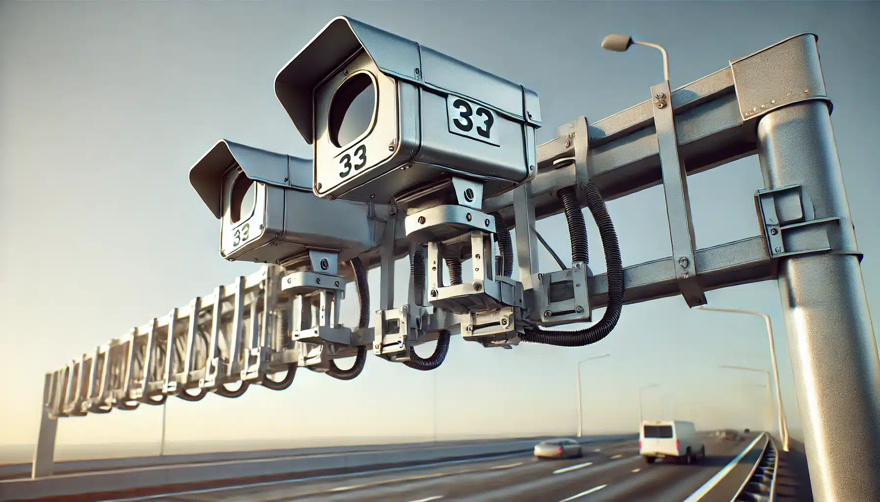 DALL·E 2025 02 04 18.07.02 A realistic image of a highway speed camera system mounted on a metal structure above the road. The cameras are positioned to monitor traffic with a