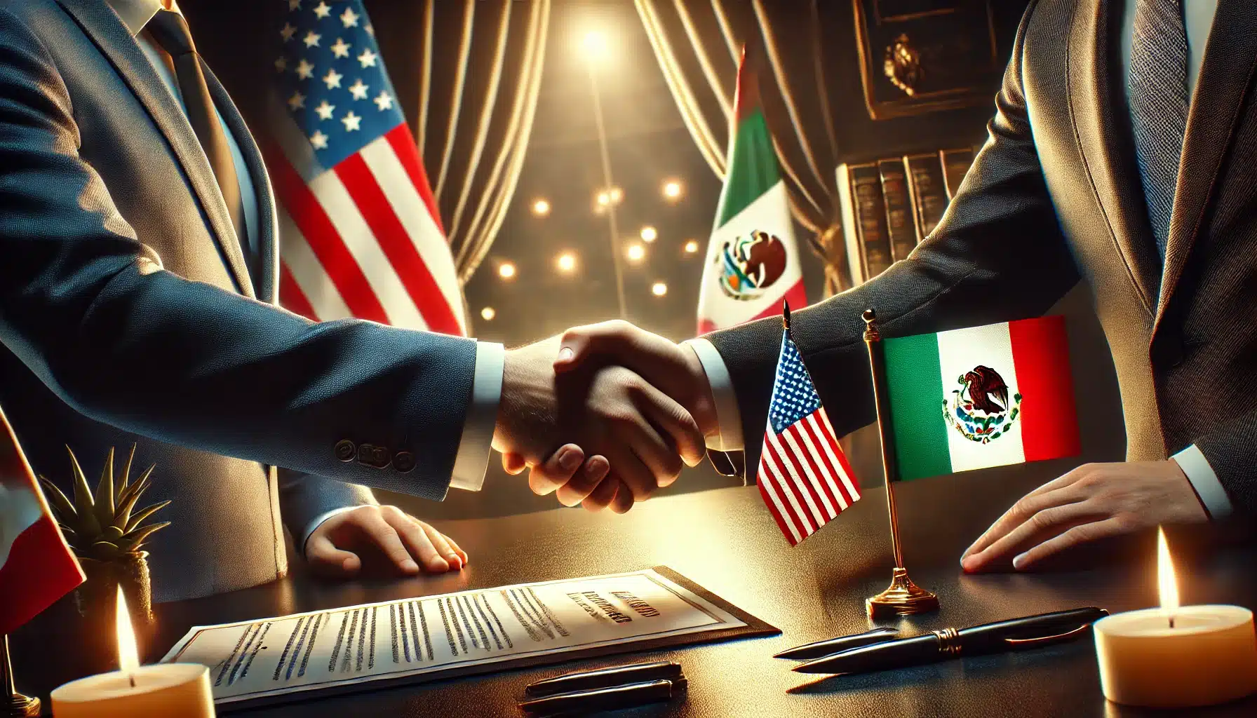 Acordo entre México e EUA Suspende Tarifas por um Mês 2 DALL·E 2025 02 05 10.15.09 A realistic and symbolic image representing an agreement between Mexico and the United States. The image features a handshake between two individuals
