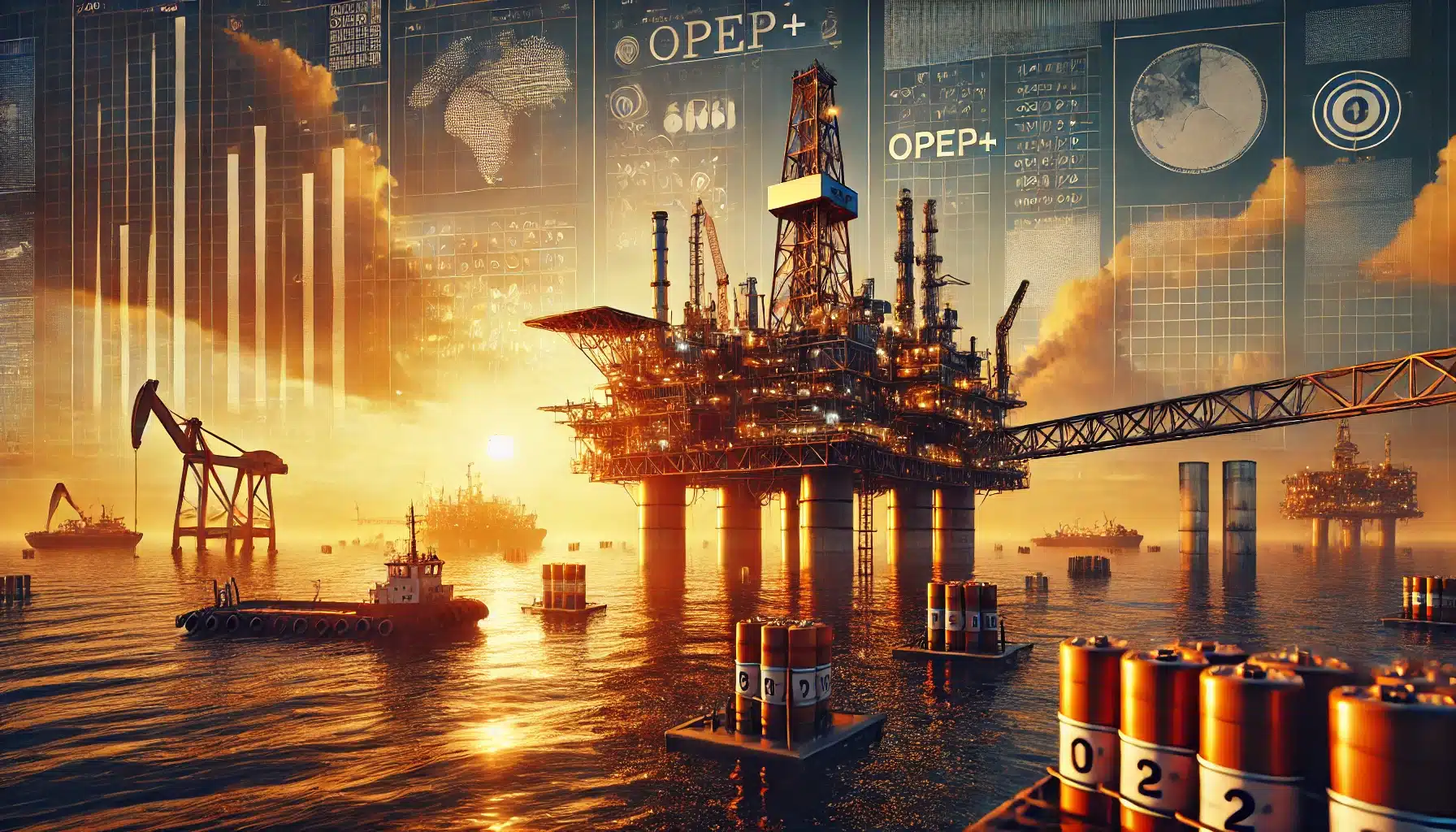 DALL·E 2025 02 06 09.30.10 Uma imagem altamente realista representando a producao de petroleo e a adesao do Brasil a OPEP. A cena apresenta uma plataforma de petroleo offshore