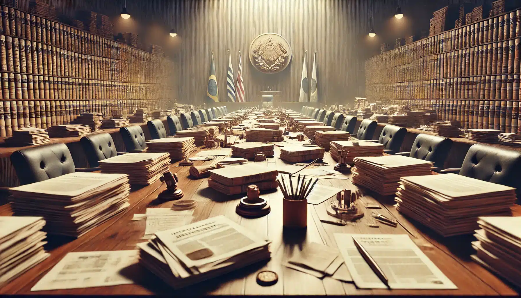 DALL·E 2025 02 06 15.24.10 Uma imagem altamente realista representando propostas legislativas. A cena mostra uma grande mesa de madeira coberta por pilhas de documentos pastas