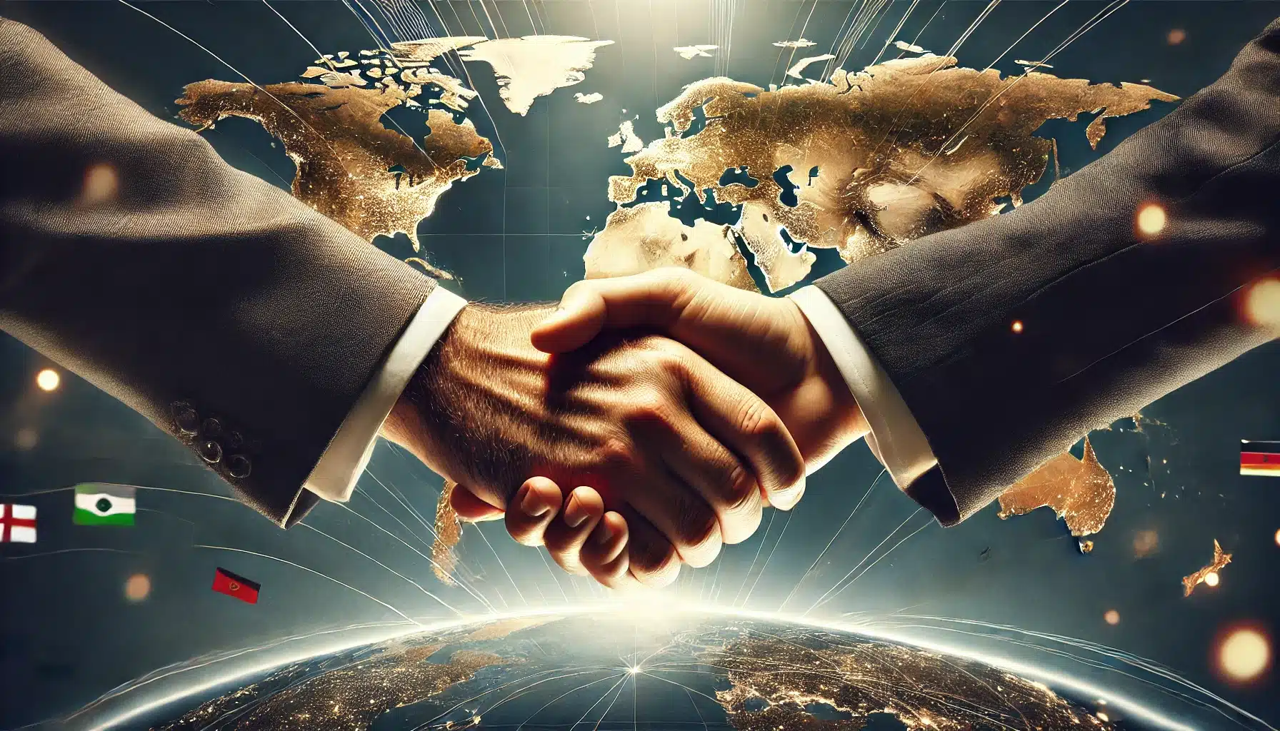DALL·E 2025 02 07 17.59.10 Uma imagem altamente realista de um aperto de maos firme entre duas pessoas simbolizando parceria e acordos globais com um mapa mundi ao fundo. O ce
