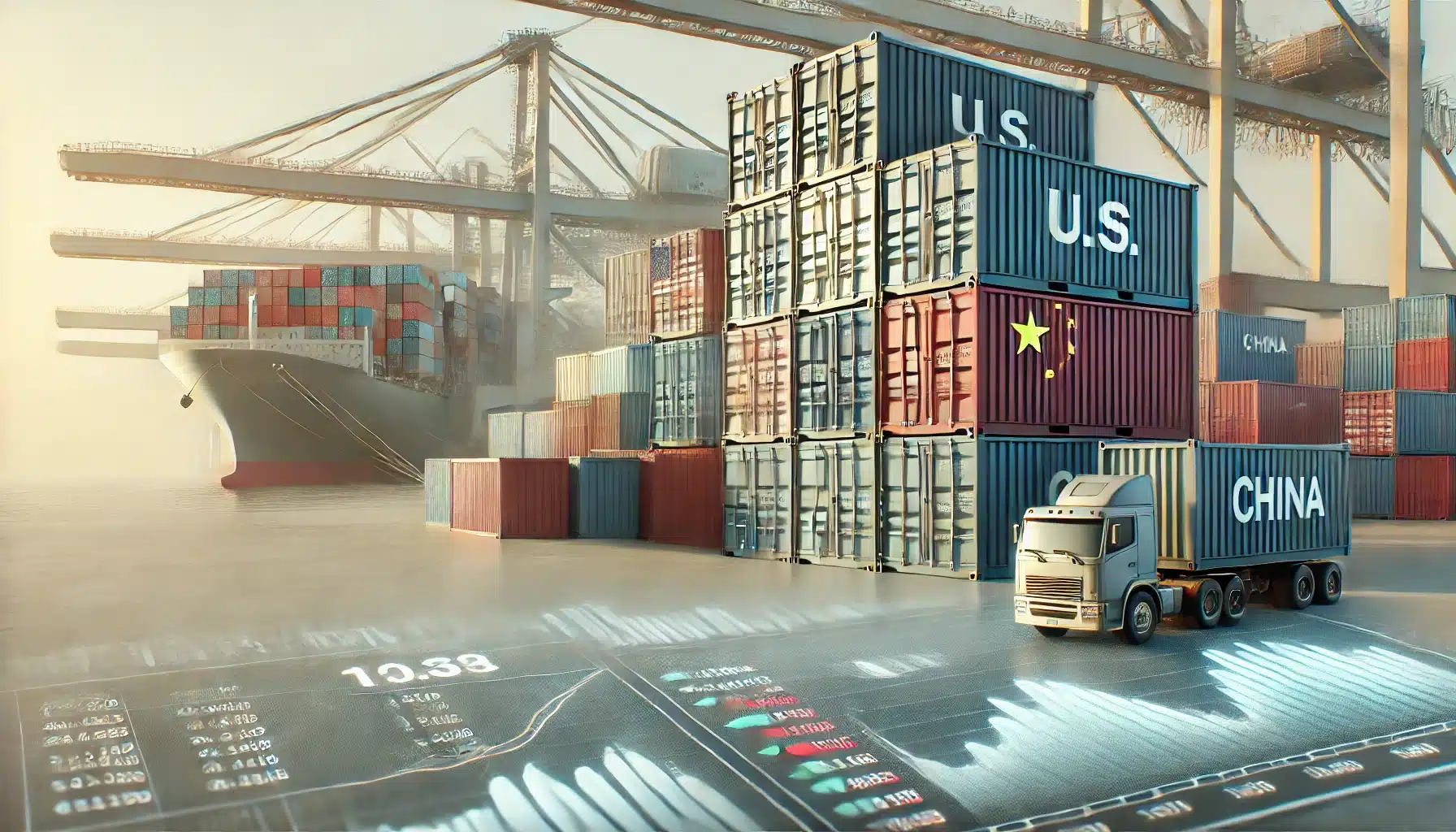 DALL·E 2025 02 21 17.51.12 A highly realistic representation of the trade tensions between the U.S. and China. The scene features stacked cargo containers in muted colors symbo