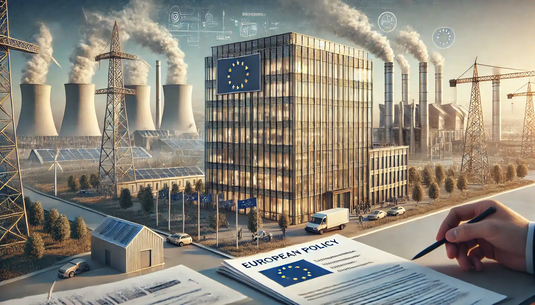 DALL·E 2025 02 24 10.53.54 A highly realistic representation of the European Unions plan to reduce sustainability regulations for businesses. The scene features a modern corpor