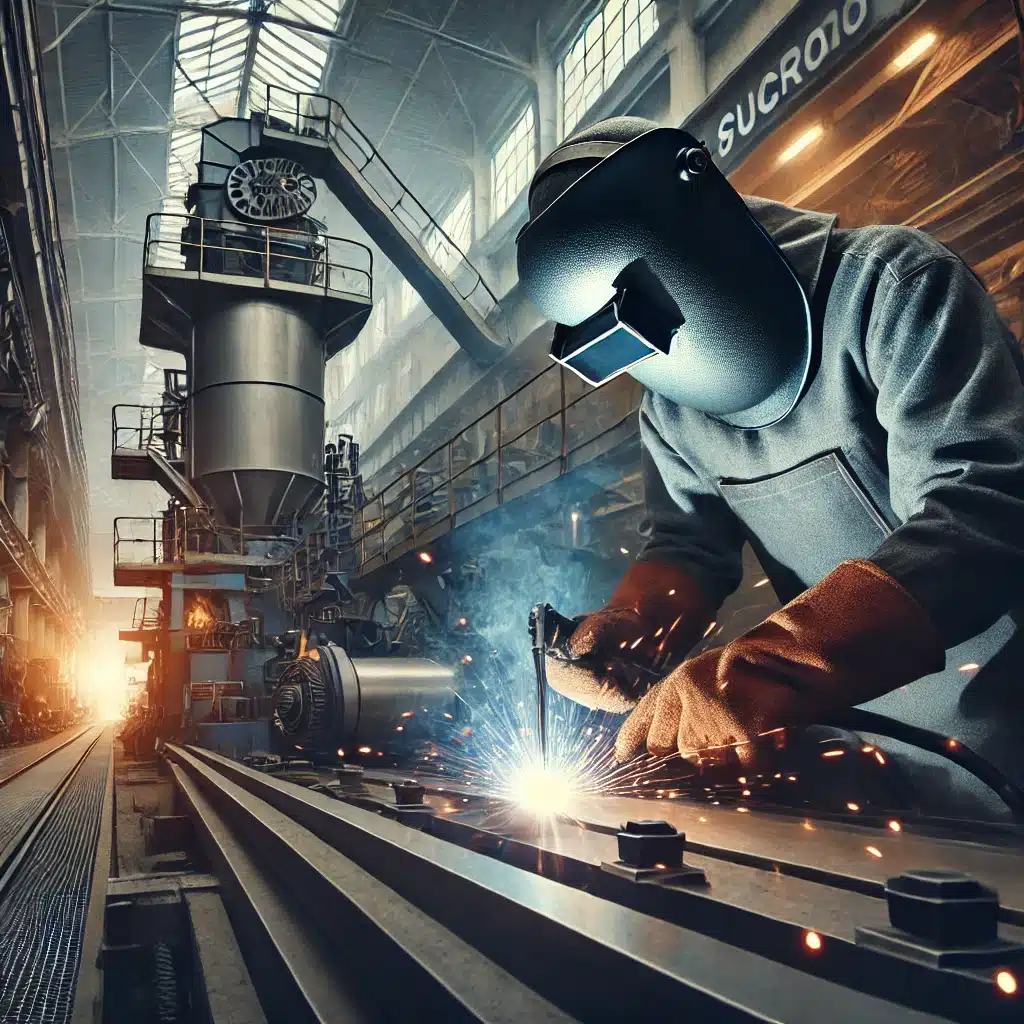 Manutenção e Reparo: A Importância do Serviço de Soldagem na Indústria 2 DALL·E 2025 02 28 10.58.08 An industrial setting where high quality welding is being performed on heavy duty equipment. The image features a worker wearing protective welding ge