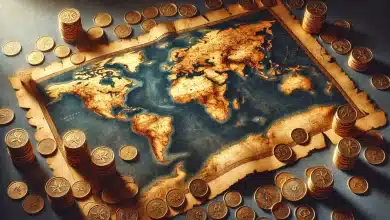 Tarifas de Trump Iniciam Possível Guerra Comercial Global 10 DALL·E 2025 02 03 10.23.21 A realistic and symbolic image of a vintage style world map made of aged parchment surrounded by gold coins. The map has an old world texture with vi