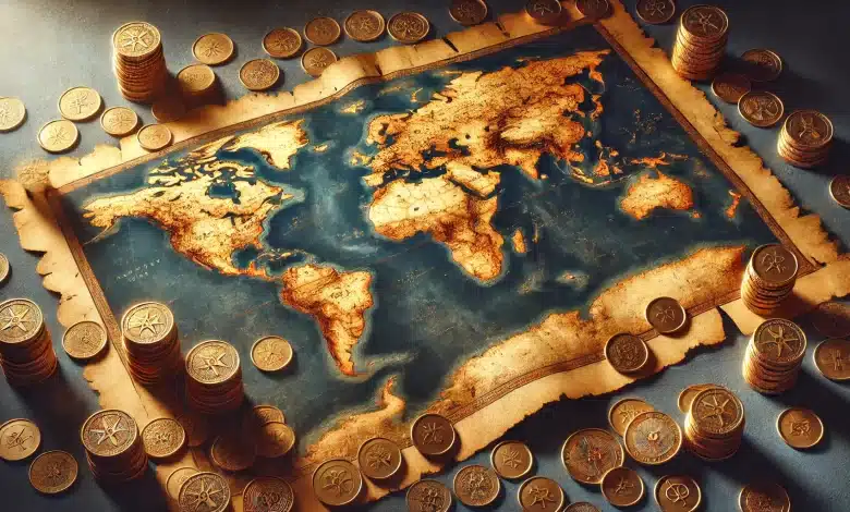 Tarifas de Trump Iniciam Possível Guerra Comercial Global 1 DALL·E 2025 02 03 10.23.21 A realistic and symbolic image of a vintage style world map made of aged parchment surrounded by gold coins. The map has an old world texture with vi