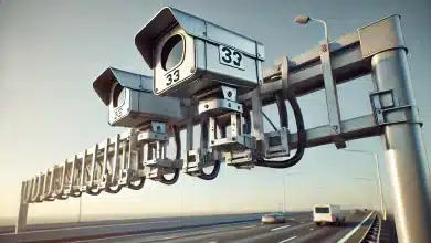 Radar Doppler Inova ao Flagrar Motoristas à Distância 9 DALL·E 2025 02 04 18.07.02 A realistic image of a highway speed camera system mounted on a metal structure above the road. The cameras are positioned to monitor traffic with a