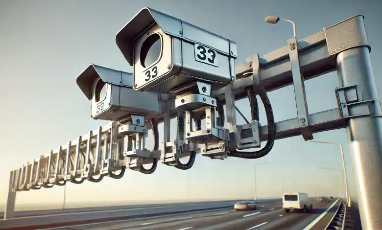 Radar Doppler Inova ao Flagrar Motoristas à Distância 1 DALL·E 2025 02 04 18.07.02 A realistic image of a highway speed camera system mounted on a metal structure above the road. The cameras are positioned to monitor traffic with a