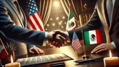 Acordo entre México e EUA Suspende Tarifas por um Mês 7 DALL·E 2025 02 05 10.15.09 A realistic and symbolic image representing an agreement between Mexico and the United States. The image features a handshake between two individuals